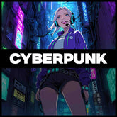 Banner for the Boondock Traders & Co. Streetwear, clothing and apparel brands line of clothing that is inspired by cyberpunk. Featuring a beautiful cyberpunk girl wearing futuristic fashion standing in a gritty cyberpunk alleyway with power cables dangling and hanging everywhere  illuminated by neon signs.